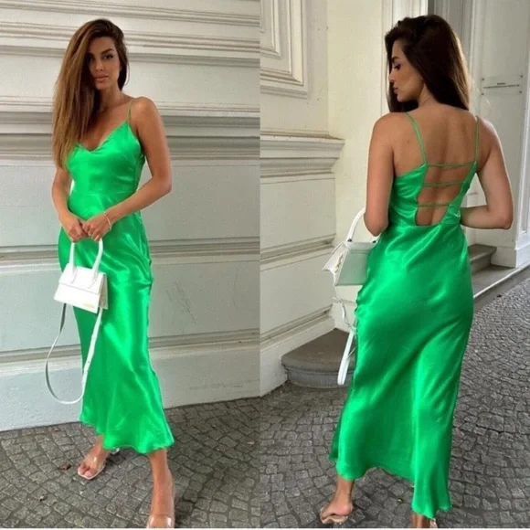 NEW  ZARA Satin Effect Green Midi Dress